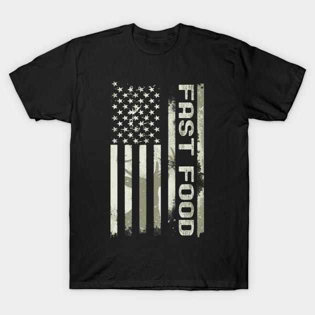 Distressed Buck Deer Camo American Flag - Fast Food Hunter T-Shirt by Etopix